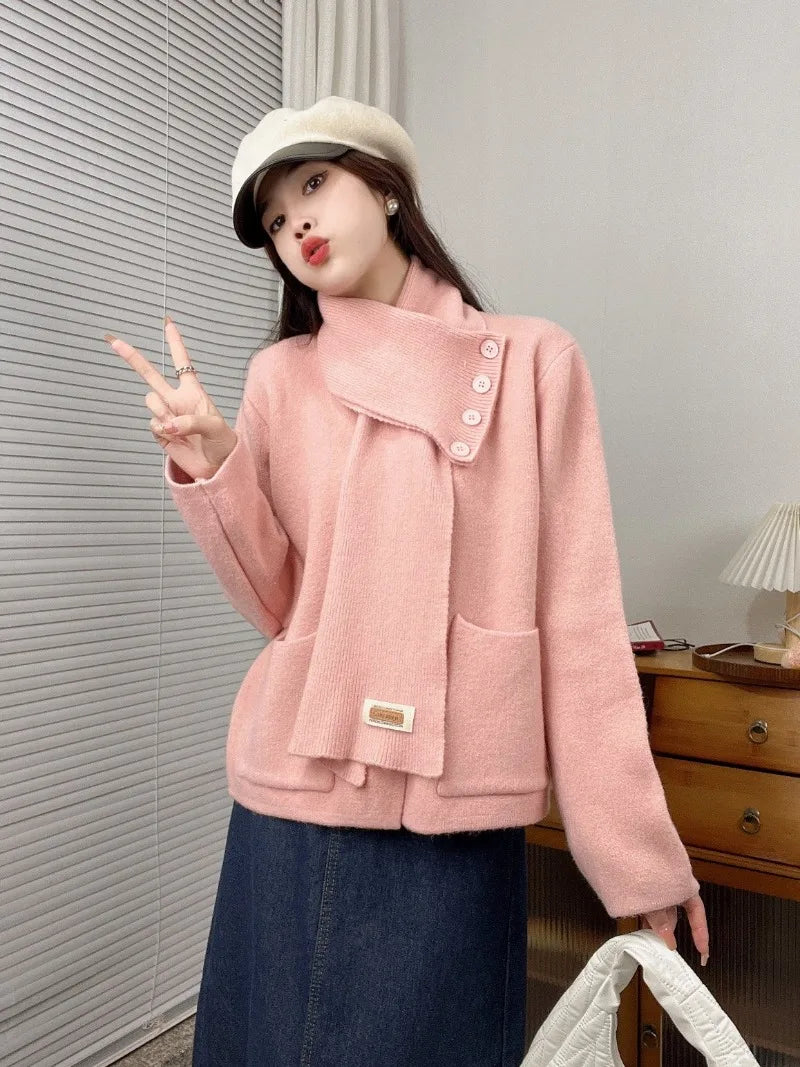 Sweet Hot Girl Christmas Detachable Scarf Knitted Cardigan Fall/winter Loose Longsleeved Sweater Female Clothes