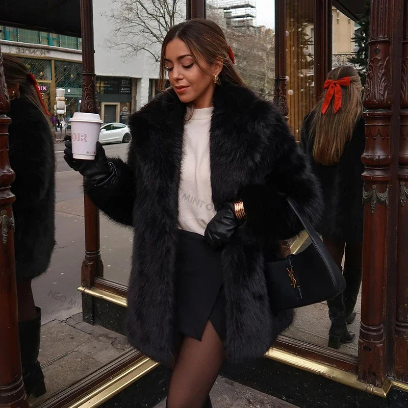 Lapels Faux Fur Coat Winter Brand Designer Fluffy Fox Fur Jacket Furry Overcoats Girl Stylish Long Outerwear