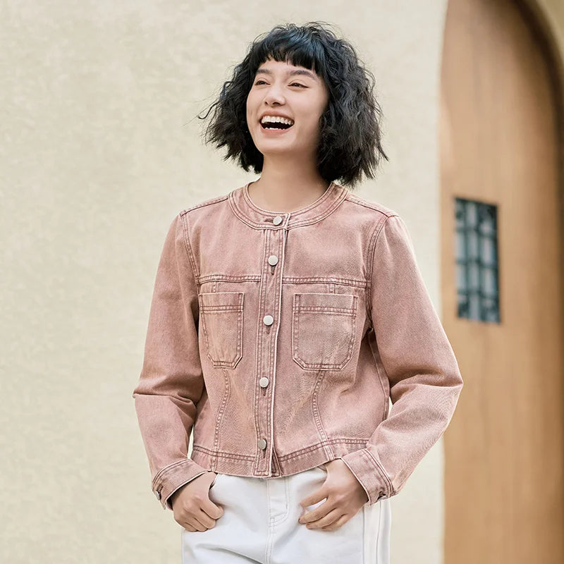 Denim Jacket Short Style Small and Taller Spring New Retro Round Neck Jacket and Versatile Coats