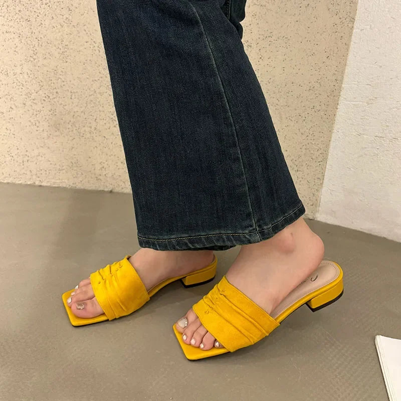 Square Toe Slippers Low Heel Slides Female Comfort Nonslip Summer New Sandals Flats Beach Shoes