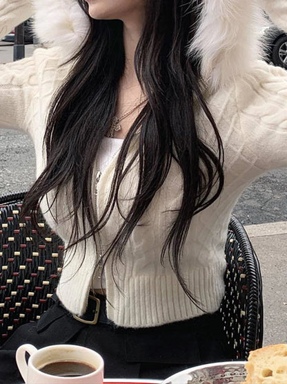 White Slim Zip Up Hooded Cropped Sweater Cardigan Autumn Winter New Sweet Coquette Fluffy Outerwear