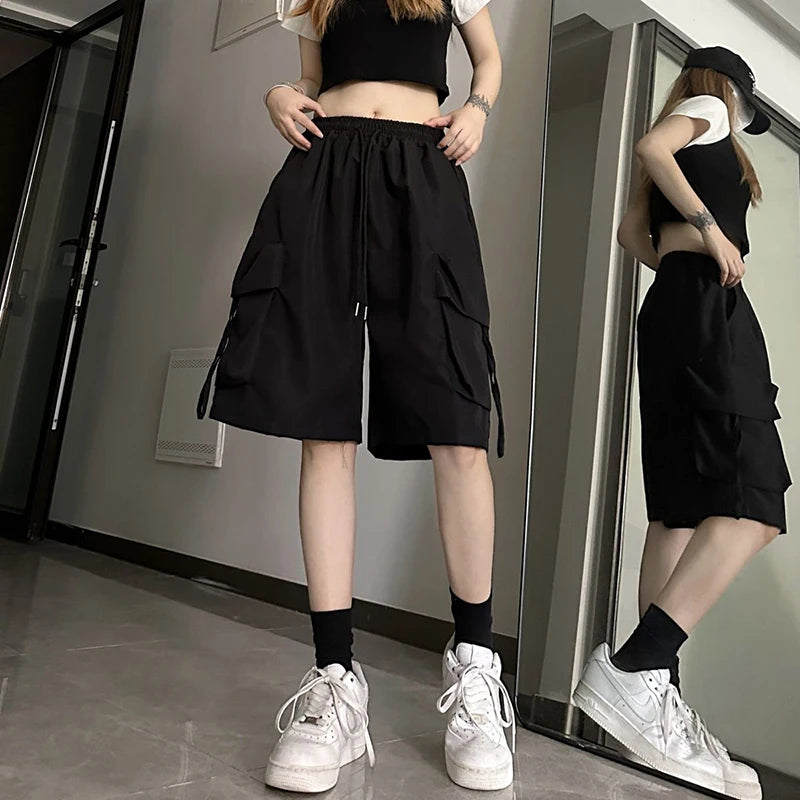 S-3xl Y2k Cargo Shorts Harajuku Black Oversized Wide Leg Shorts Summer High Waist Baggy Short Pants New
