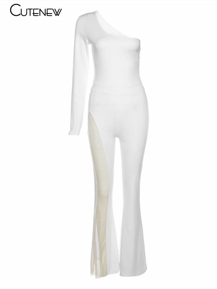 Mesh Patchwork One Shoulder Playsuits Skinny Flare Pants Jumpsuit Lady Party