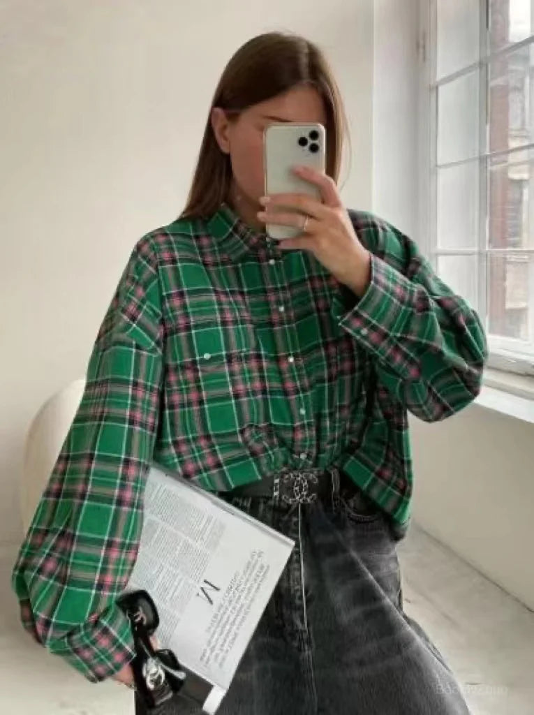 Summer Oversized Plaid Shirt Long Sleeve Loose Fit Blouse Autumn Female Office Shirt Tops for Woman