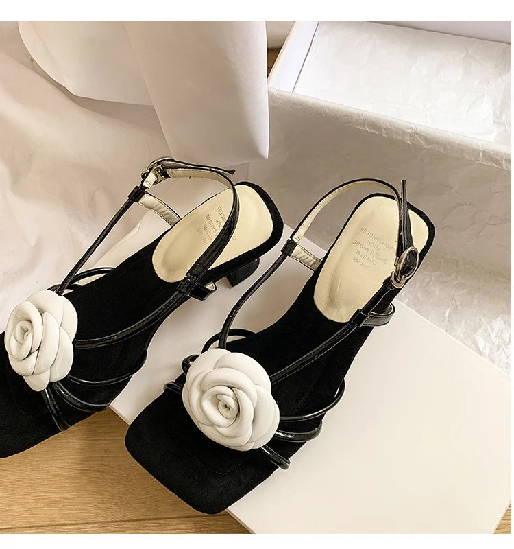 Open Toe Camellia Flower Sandals Square Toe Hollow Summer Strappy Daily Dress Shoes High Heels Beach Shoes