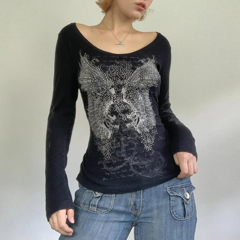2000s Retro Rhinestone Graphic Print T-shirt Harajuku Grunge Y2k Aesthetics Fairy Crop Top Korean Mall Goth Tees