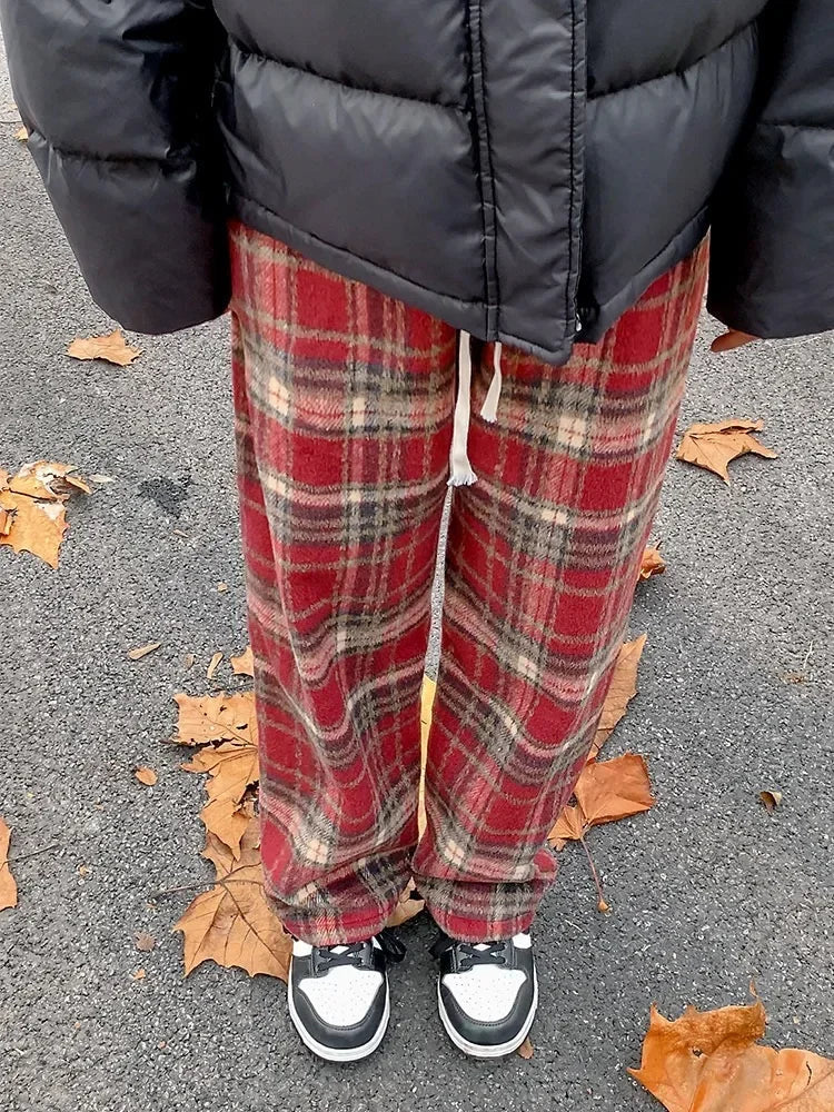 Red Plaid Pants Harajuku Korean Style Checked Trousers Y2k Classic Pants Warm Winter Wide Leg
