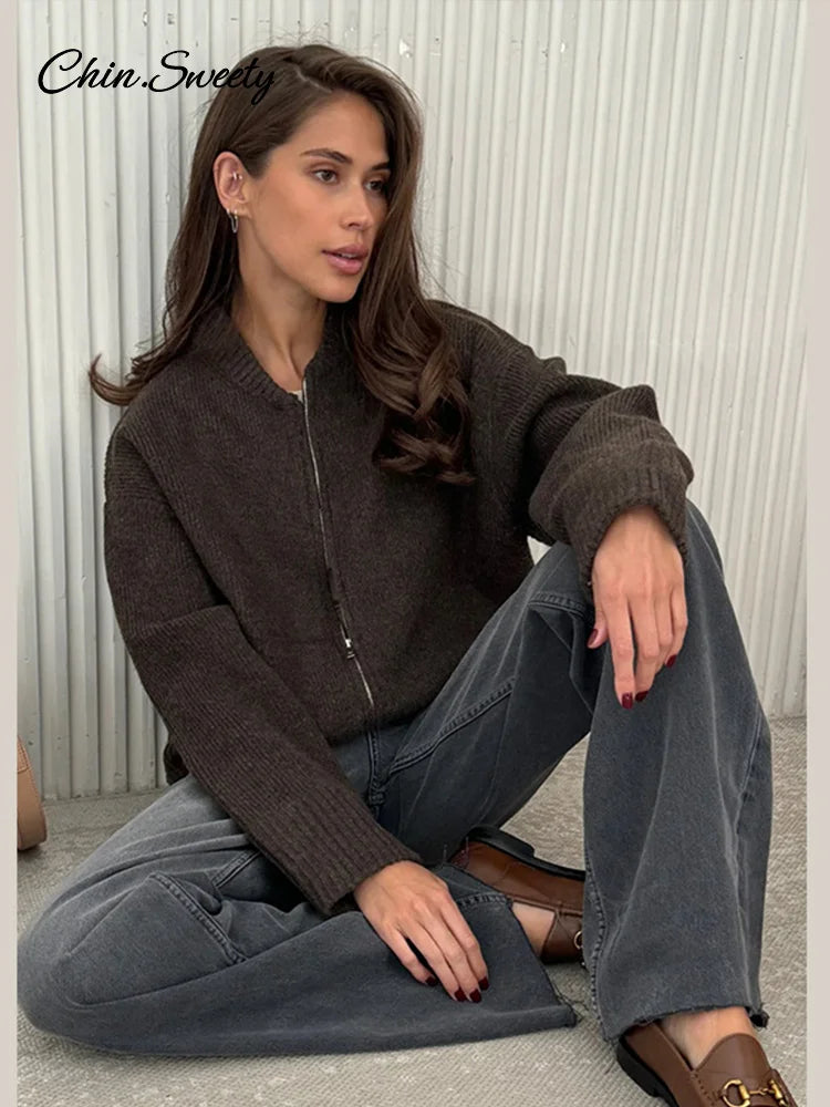 Autumn Winter Zipper O-neck Knitted Cardigans Loose Long Sleeve Sweater Top Lady All-matching Knitwear