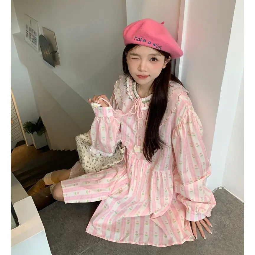 Sweet 3d Hook Flower Stripe Pink Dress Summer New Embroidered Girl Doll Neck Loose Aline Midi Dress for