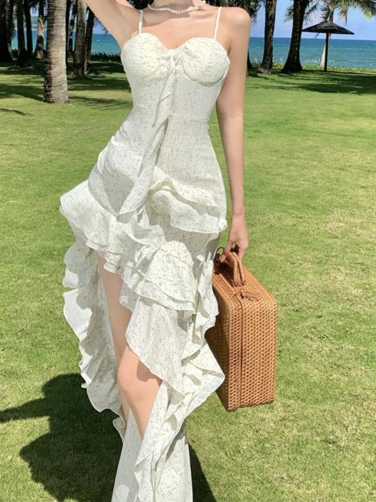 Summer Club Sling Print Slim Fairy Dress Irregular Layered Ruffles Backless Holiday Party Long Dress New