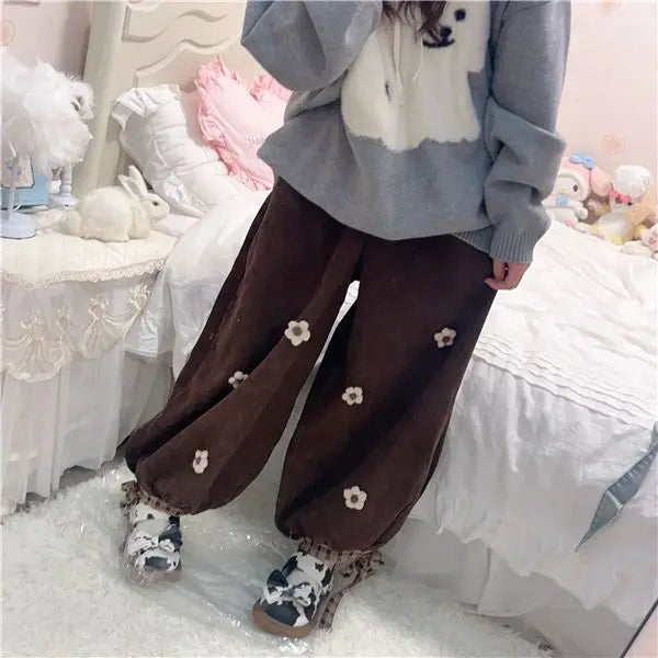 Mori System Corduroy Drawstring Trousers Loose Bud Wide Leg Trousers Anklelength Pants