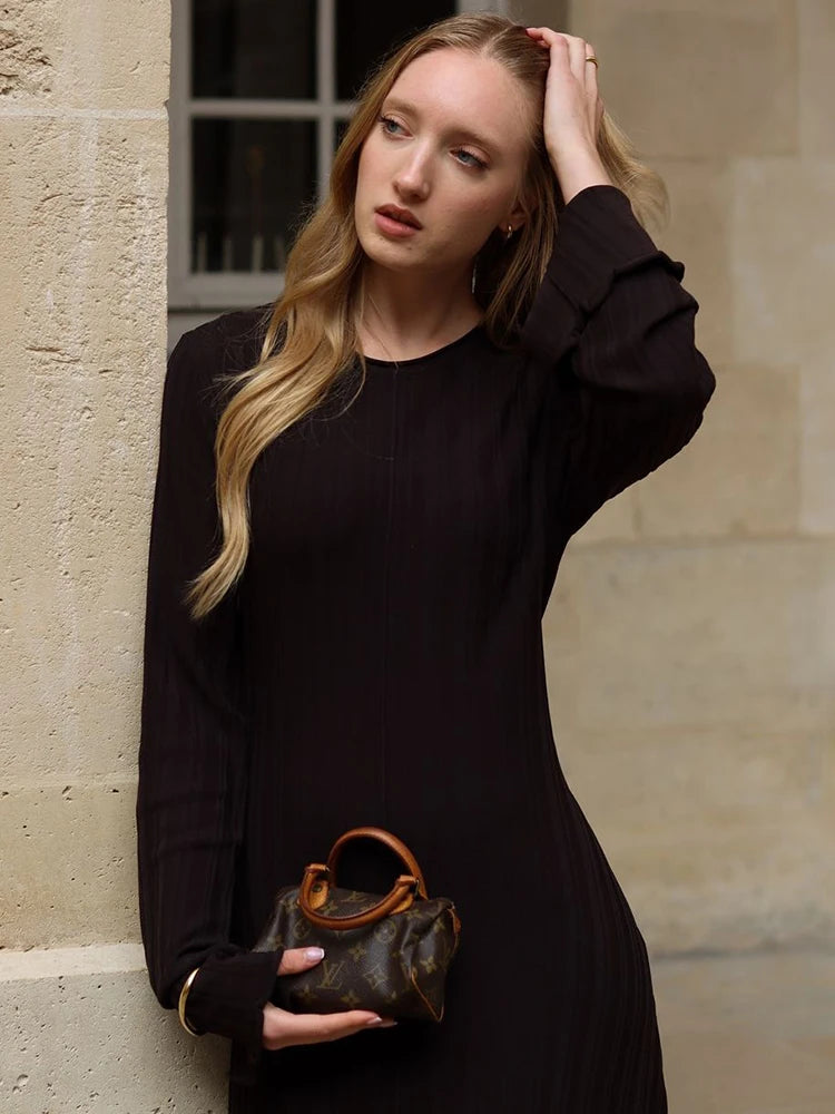 Knitted Long Dress Female Fall Winter New Retro High Waist Rib Sweater Bodycon Dresses Lady Holiday Party Outfits