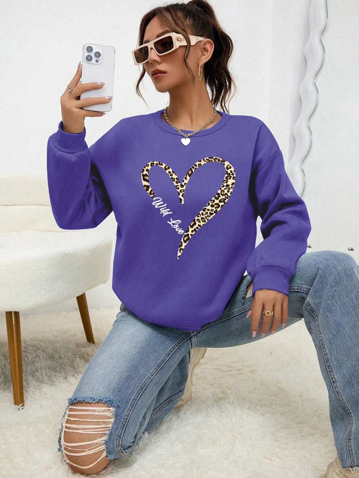 Leopard Wild Heart Pattern Print Female Sweatshirt Street Fur-liner Hooded Hipster New Hoodies All-match Crewneck Tracksuit