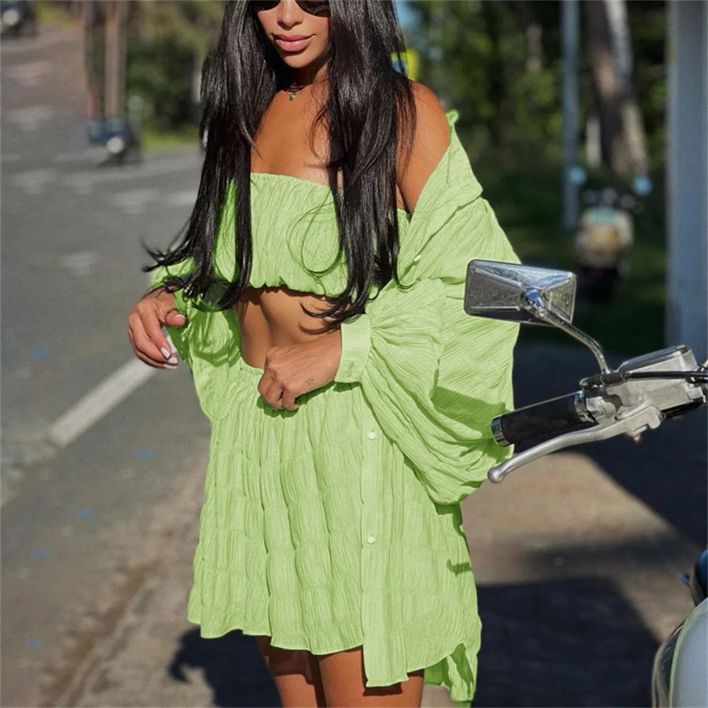 White 3 Piece Sets Summer Lantern Long Sleeve Cardigan Tops Shorts Suits Lady Spring Soft Three Piece Outfit