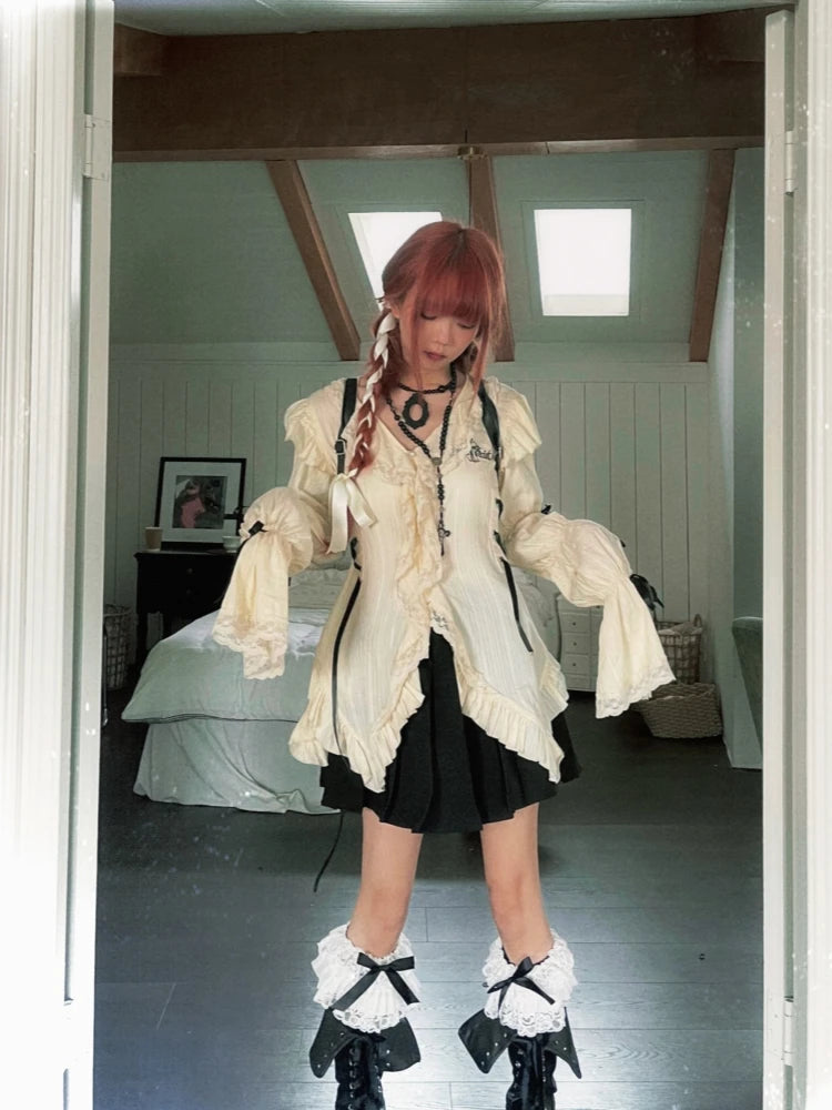 Y2k Aesthetic Lace Shirt Egirl Ruffle Irregular Goth Embroidery Blouses With Bow Fairycore Grunge Lolita Style Clothes