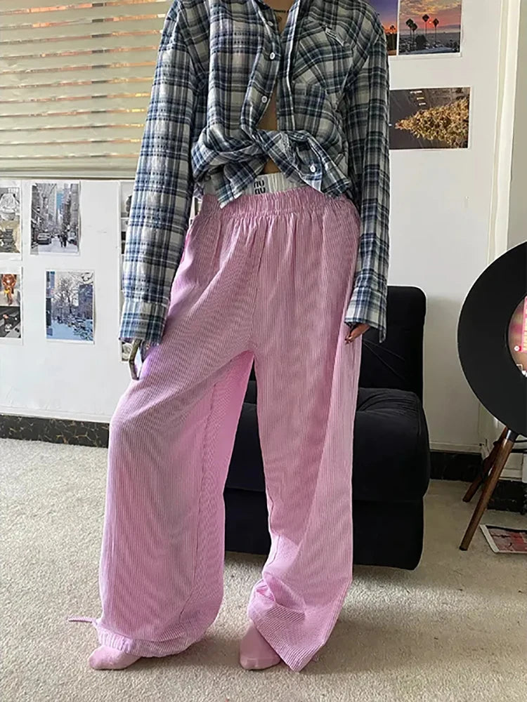 Summer Striped Pants Wide Leg Pants Harajuku Patchwork Fake Two Pieces Trousers Korean