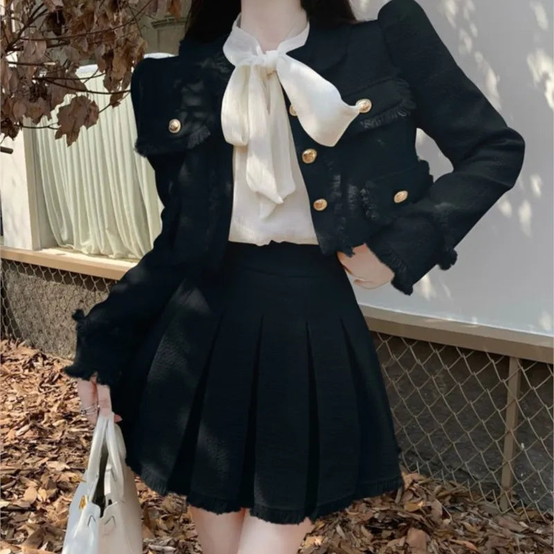 Autumn New French Tweed Two-piece Skirt Set Short Jacket Coat + Pleated Mini Skirt Suits Korean Outfits