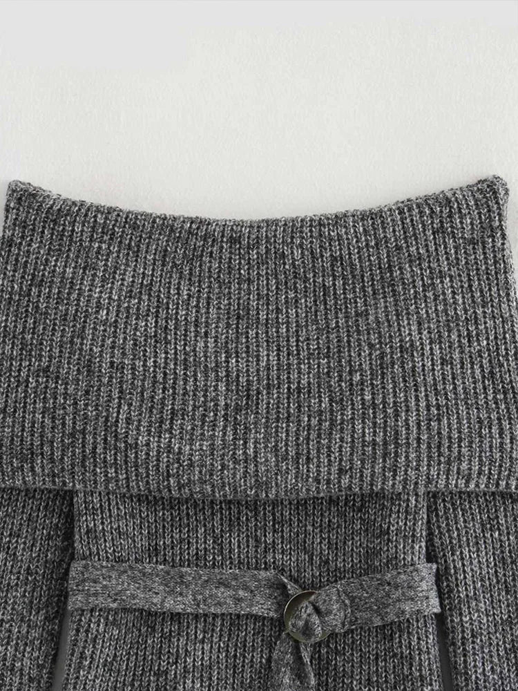 Off Shoulder Sweater With Belt Knitted Thick Long Sleeve Sweaters Female Winter Street Knitwear
