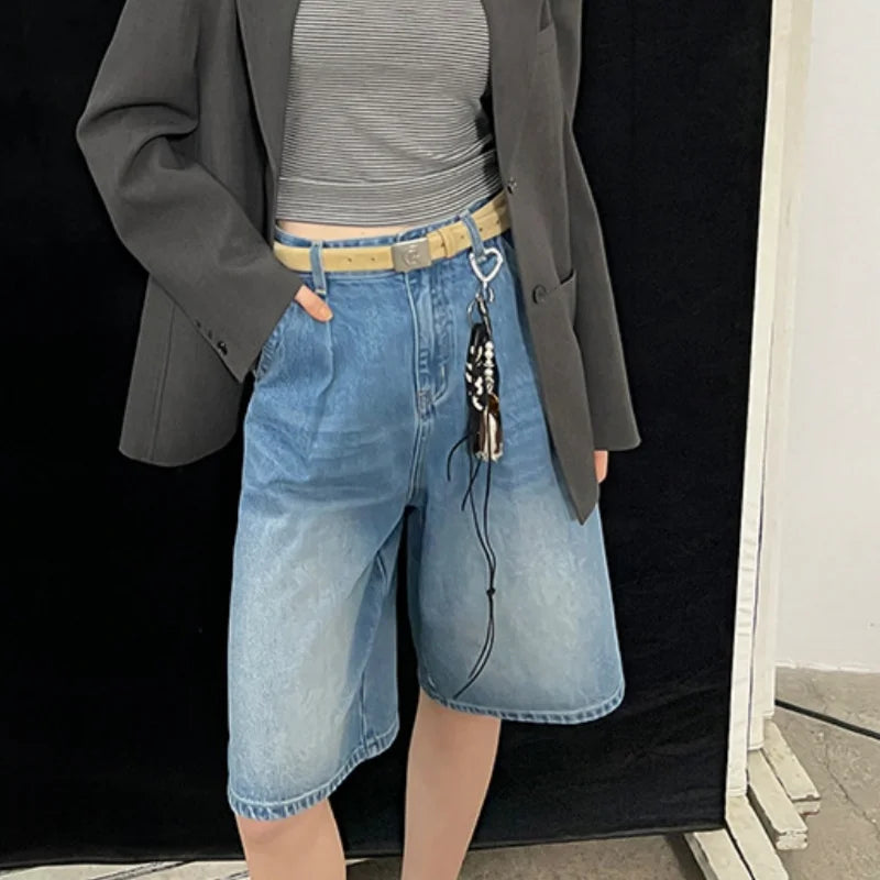 Washed Denim Wide Leg Shorts Summer Loose High Waist Blue Straight Half Pants Female