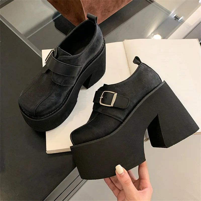 Chunky Platform Buckle Strap Pumps Street Style Round Toe Very Square High Heels Stripper Club Female Shoes