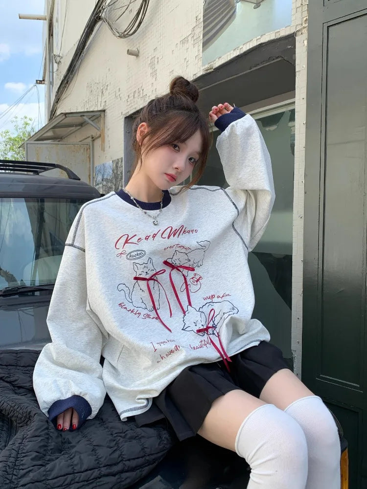 3d Bow Contrast Color Hoodies Round Neck Gray Sweatshirts Autumn Korean Loose Agereducing Cat Print Loose Top