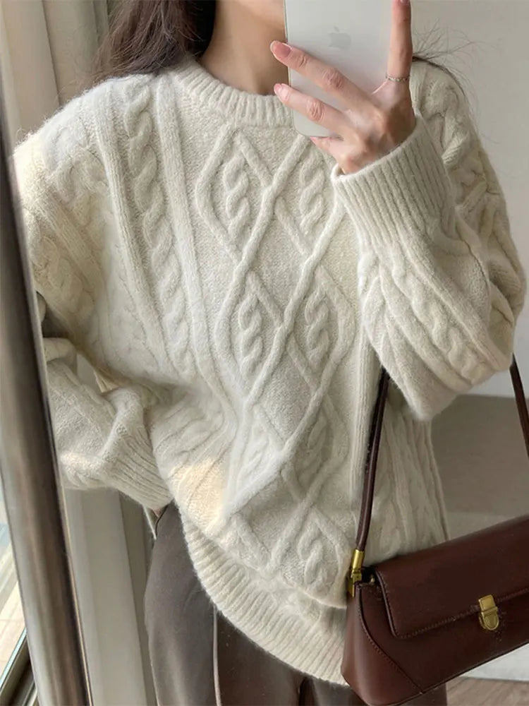 Thick Twisted Sweater Autumn Long Sleeve O-neck Female Knitted Pullover Loose Lady Kintwear Tops