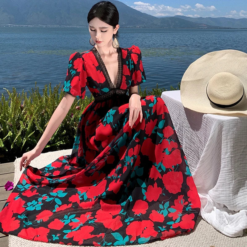 French Lace Retro Long Dresses for Print Puff Sleeve Vneck High Waist Dress Loose Oversize Beach Vestidos