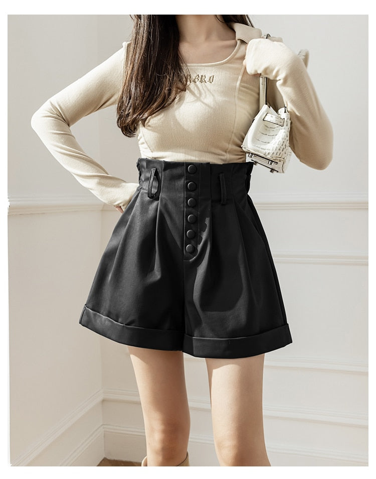 Shorts Autumn Winter Single Breasted High Waist Wide Leg Pants