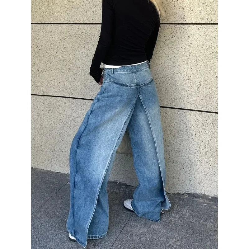 Korean Retro Washed Splicing All Match Jeans Spring New High Waist Loose Distressed Denim Wide Leg Pants