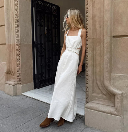 Summer White Midi Dress New Sleeveless Waist Hollow Out Long Dresses Lace-up Vestidos