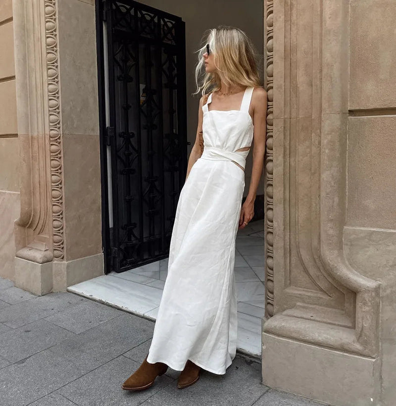 Summer White Midi Dress New Sleeveless Waist Hollow Out Long Dresses Lace-up Vestidos