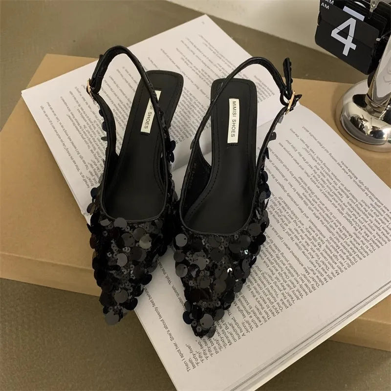Low Sandals Woman Leather Shoes Closed Toe Bling Bling Suit Female Beige Summer Heels Lowheeled Silver Retro Bright Black