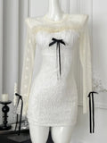 French Mesh Patchwork Mini Dress for Sweet Bow Laceup Long Sleeve Birthday Party Dresses Slim Waist Vestidos New