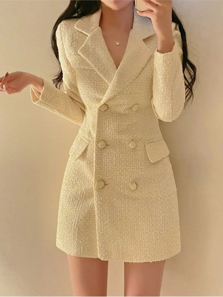 Autumn Winter Tweed Blazer Dress Double Breasted Slim Short Dresses for Korean Office Lady Coat Dress New