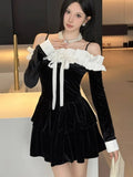 Velvet Dresses Off Shoulder Slash Neck Princess Birthday Party Mini Dress Spaghetti Strap Short Vestidos New