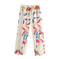 Spring Suit Printed Lapel Long Sleeves Single Breasted Shirts Female Elastic Waist Wide Leg Pants
