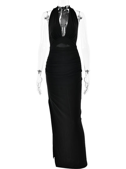 Spaghetti Strap Satin Bodycon Split Long Dress ’s Deep V Backless Evening Dress Female Party Clubwear