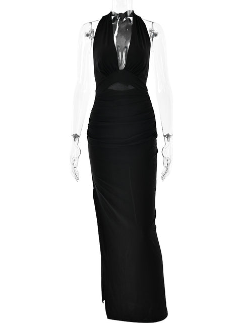 Spaghetti Strap Satin Bodycon Split Long Dress ’s Deep V Backless Evening Dress Female Party Clubwear