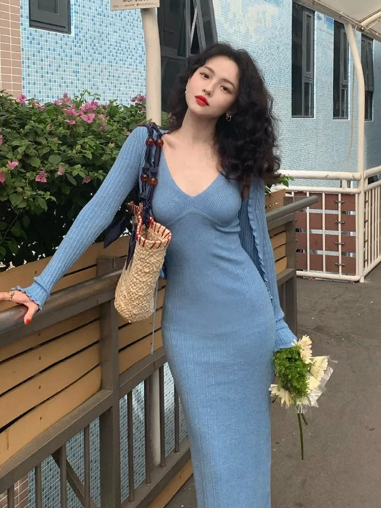 Knitted 2-piece Dress Set Crop Cardigan V-neck Spaghetti Strap Bodycon Midi Dress Autumn New Female Clothing