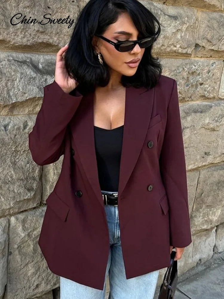 Burgundy Lapel Blazer Coat Double Breasted Full Sleeve Pocket Jacket Fall New Female Commute Outwear