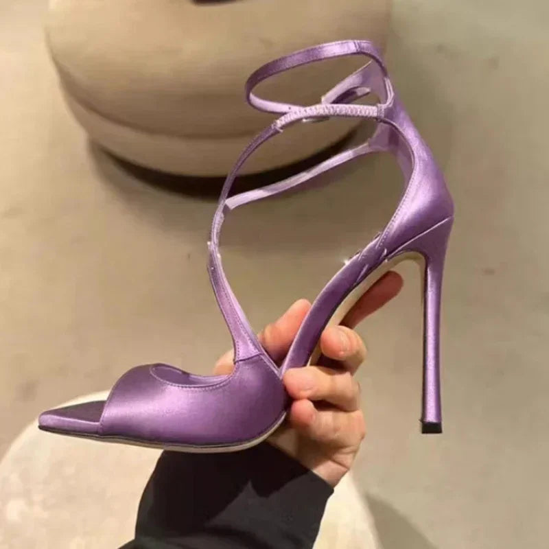 Silk Thin High Heels Brand Banquet Dress Shoes Open Toe Crosstied Pumps Designer Sandals Female