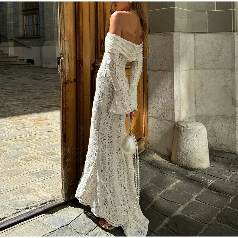 Hollow Out Lace Maxi Dress Female Backless See-through Slim Lace-up Bandeau Dress White Long Dress New