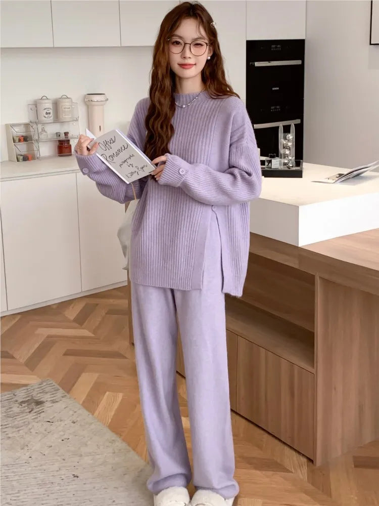 ’s Knitted 2-piece Set Tracksuit Autumn Winter O-neck Pullover Sweater Wide Leg Pants Harajuku Warm Suit New