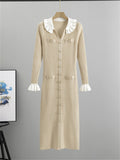 Winter Knitwear V-neck Maxi Dress Female Ruffled High Waist Cardigan Ribbed Sweater Party Dress ’s Knit Dress
