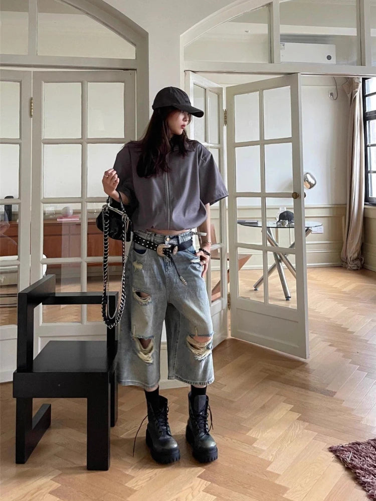 Ripped Oversize Denim Shorts Jeans Hollow Out Calflength Pants Hip Hop Summer Bottoms