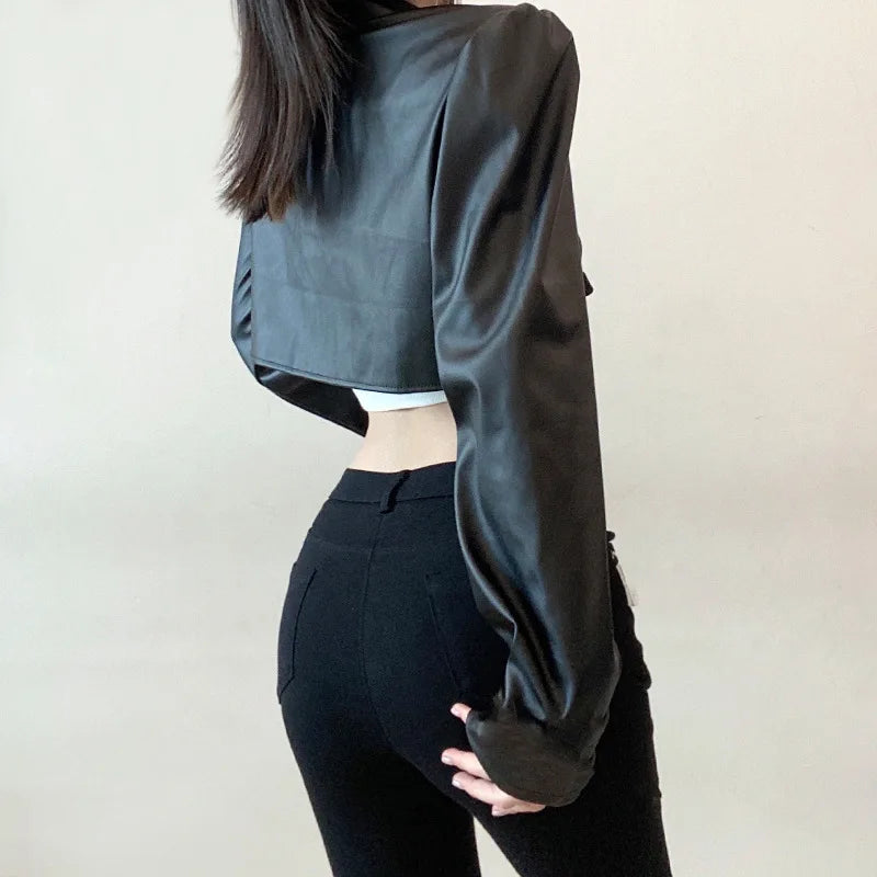 Punk Style Buckles Black Pu Leather Jacket Spring Autumn Smock Cropped Coat Cardigan Outfits