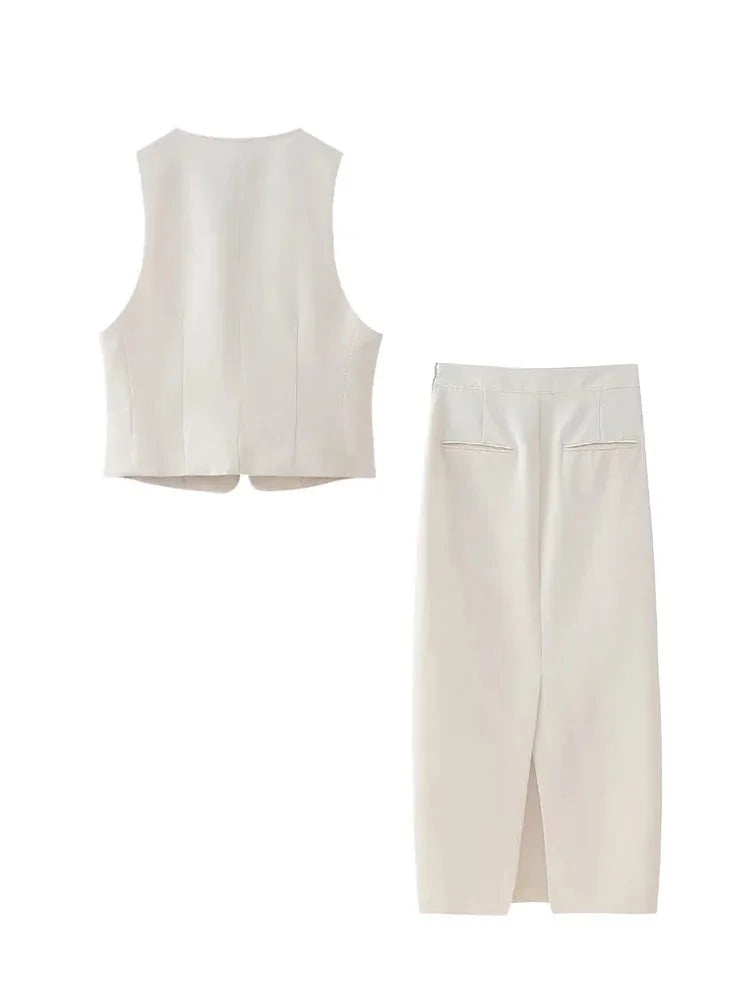 Summer Suit Woman Sleeveless Tank Top Causal Laceup Cropped Vest Female High Waist Slit Pencil Long Skirts