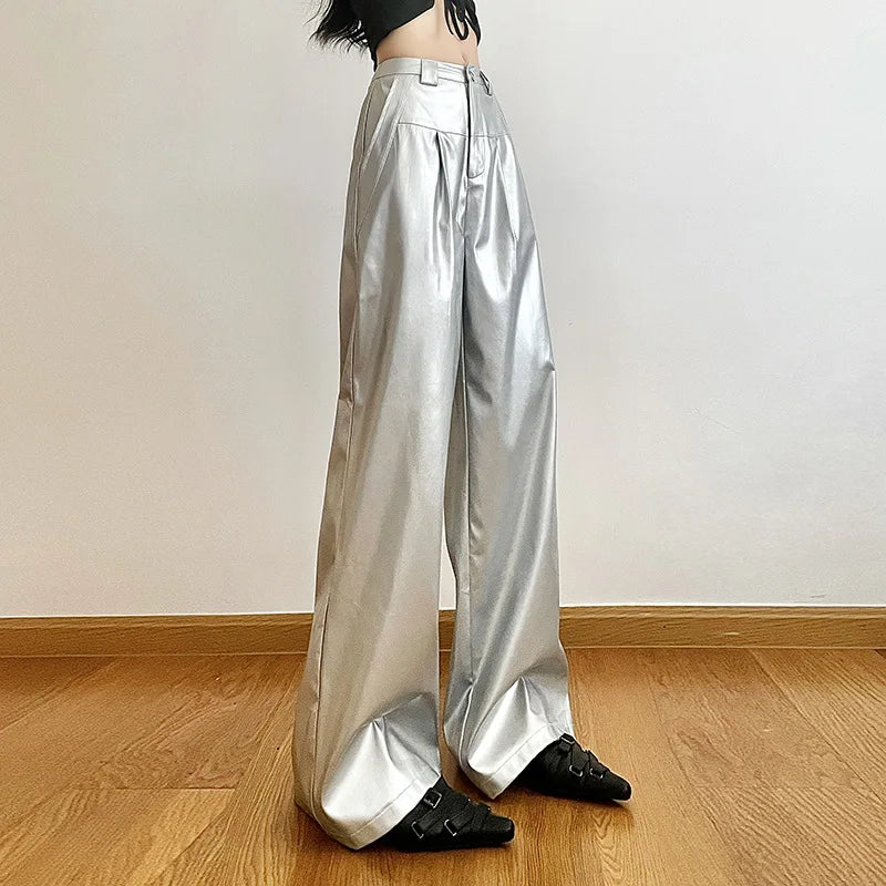 Silver Retro Matte Personalized Allmatch High Street Cool Confident Autumn Wide Leg Pants