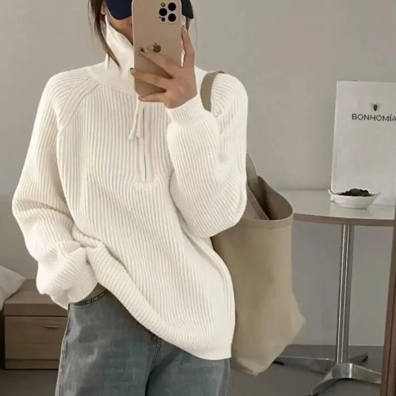 High Street Loose Thread Long Sleeve Sweater Autumn New Turn Down Collar Zipper Color Cashmere Knit Tops