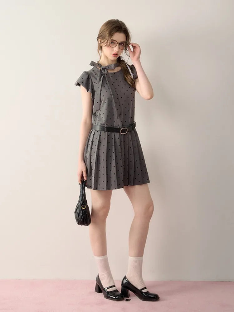 Kawaii Grey Dot Pleat Mini Dress for Bow Lace Up Puff Sleeve Birthday Dress Girl Summer Dress